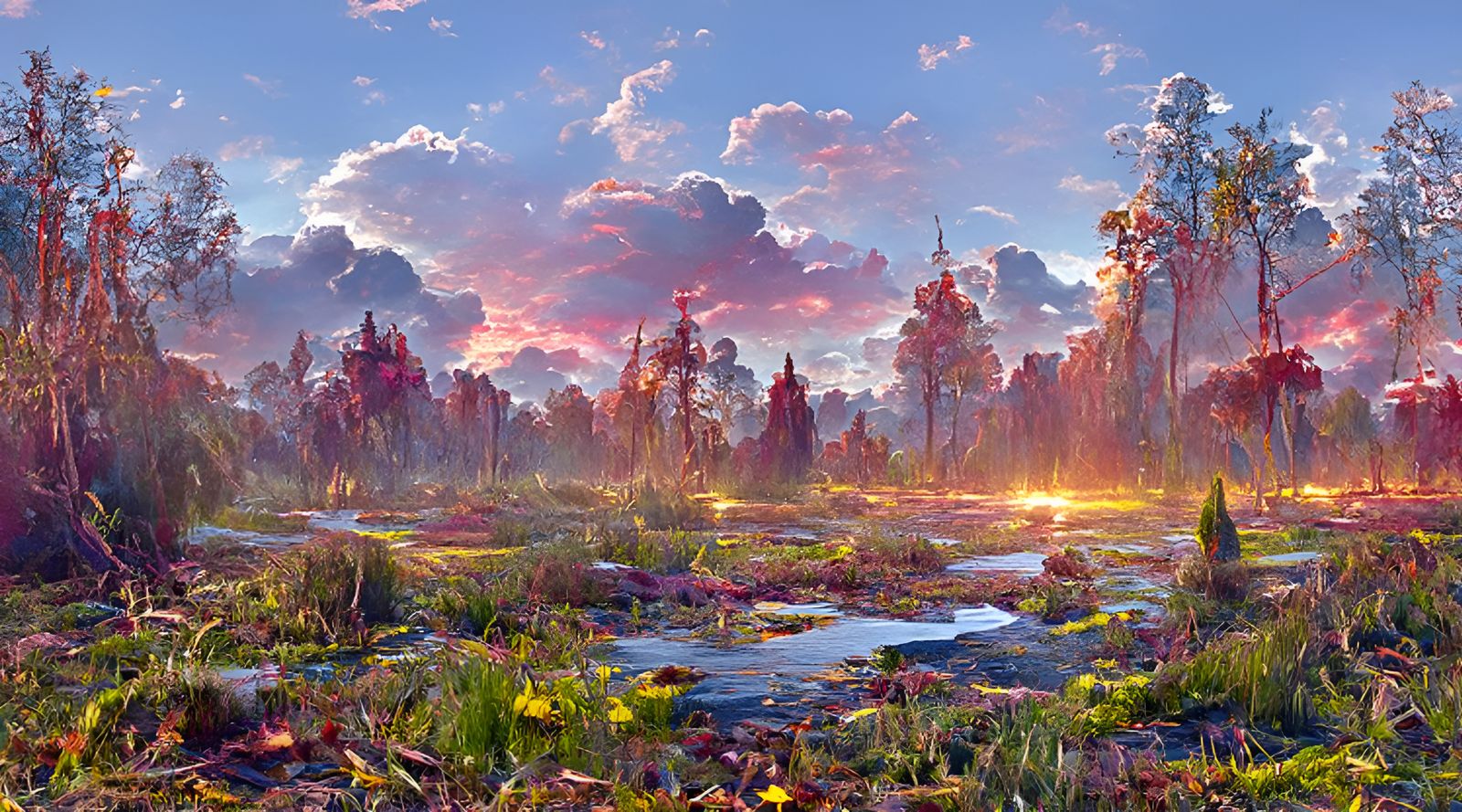 Sunset Swamp Landscape in Hyperrealism Style