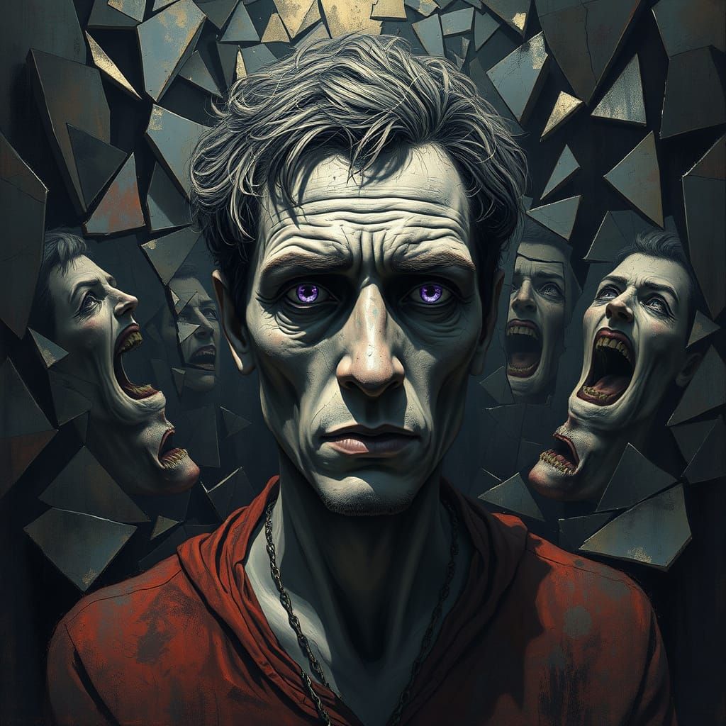 Figure Amidst Shattered Mirrors Reflecting Society