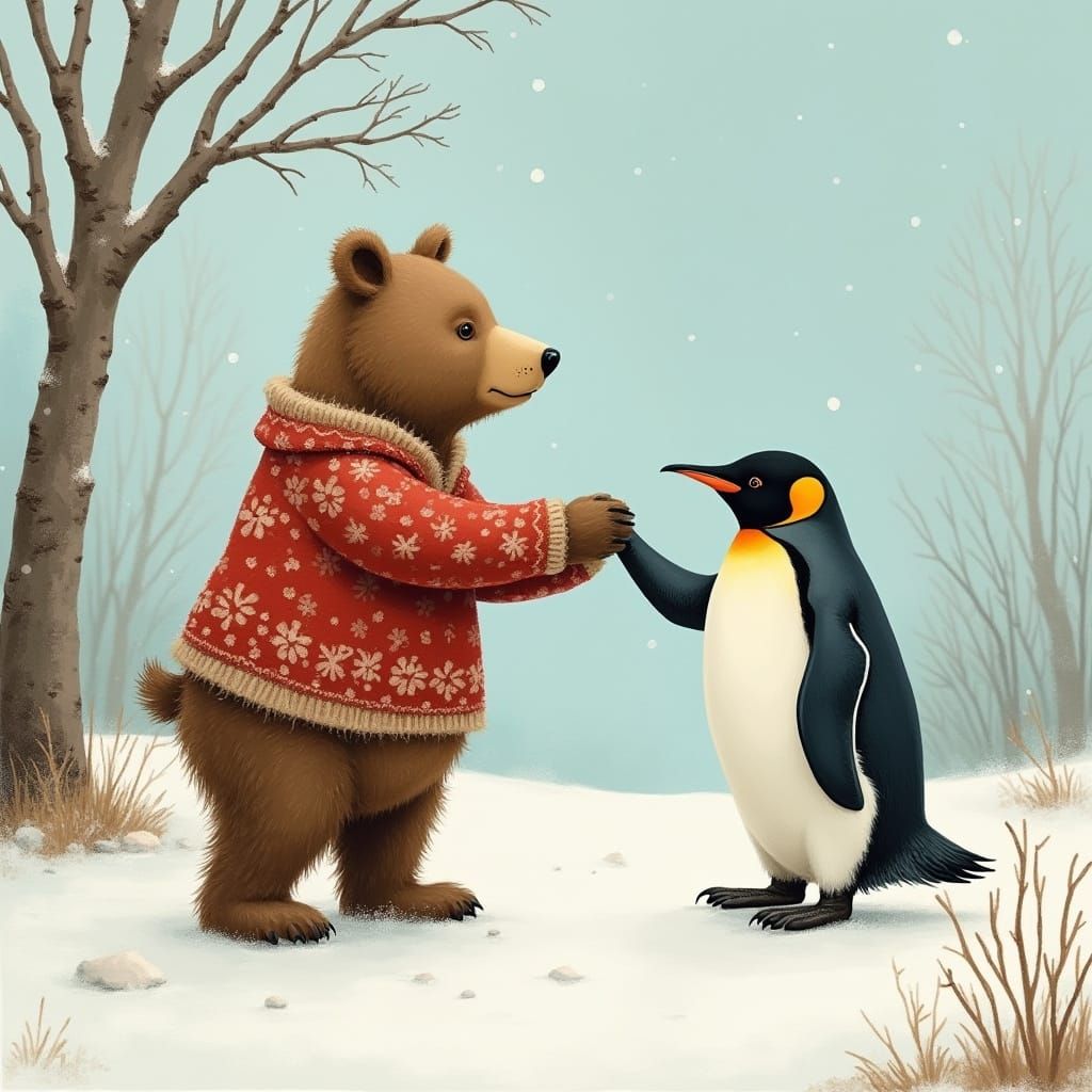 Bear and Penguin High-Five in Snowy Scene