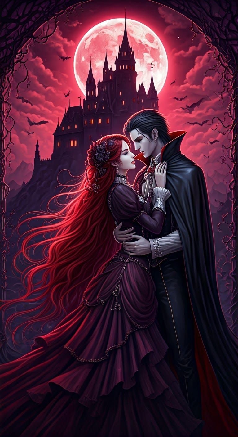 Ethereal Vampire Couple in Crimson Moonlit Night