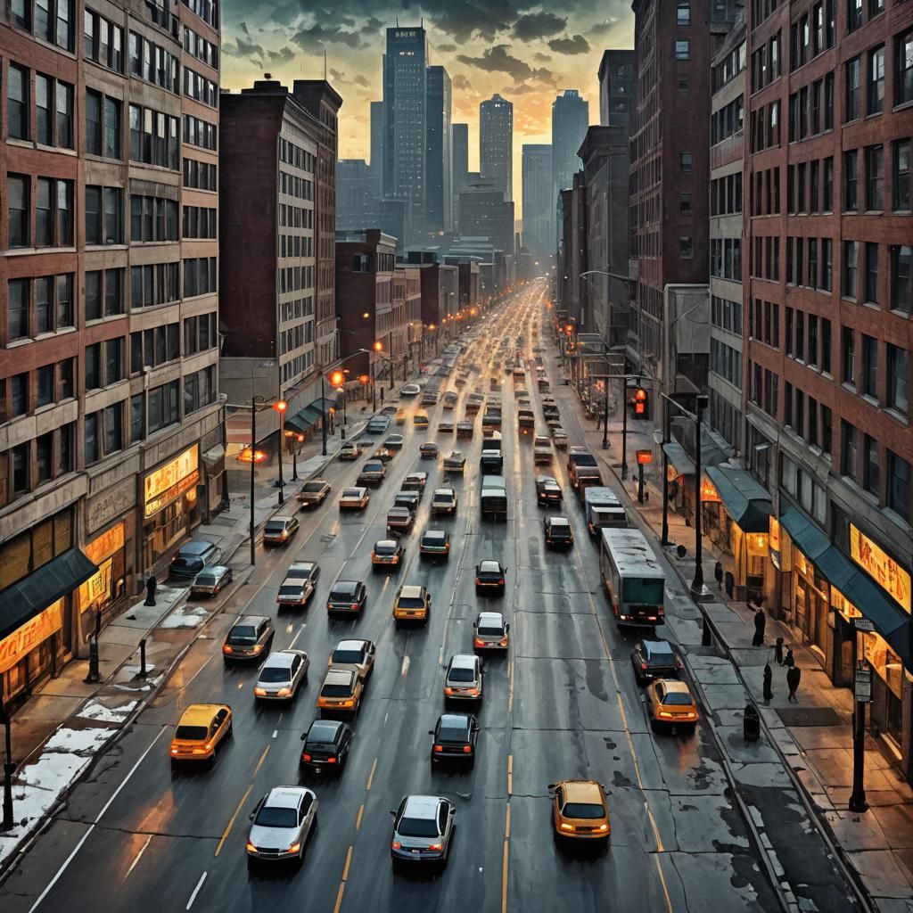 Trafic at the mornig at 6am on the street in Detroit.