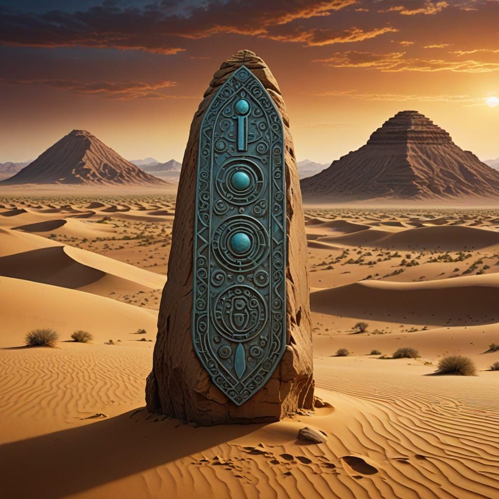 Ancient Genie Seal on Desert Rock Obelisk in Forgotten Langu...