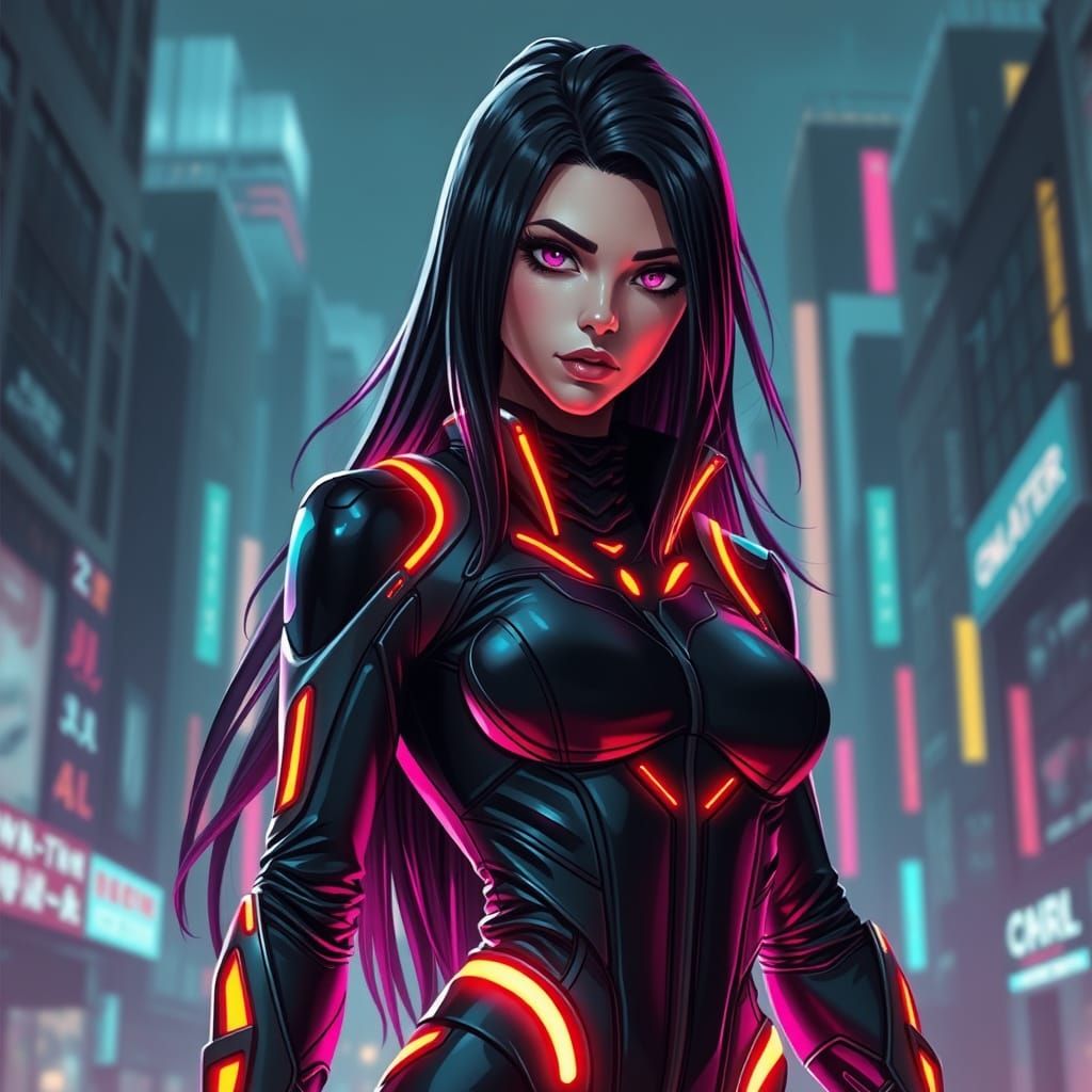 Cyberpunk Superheroine in Dystopian Cityscape