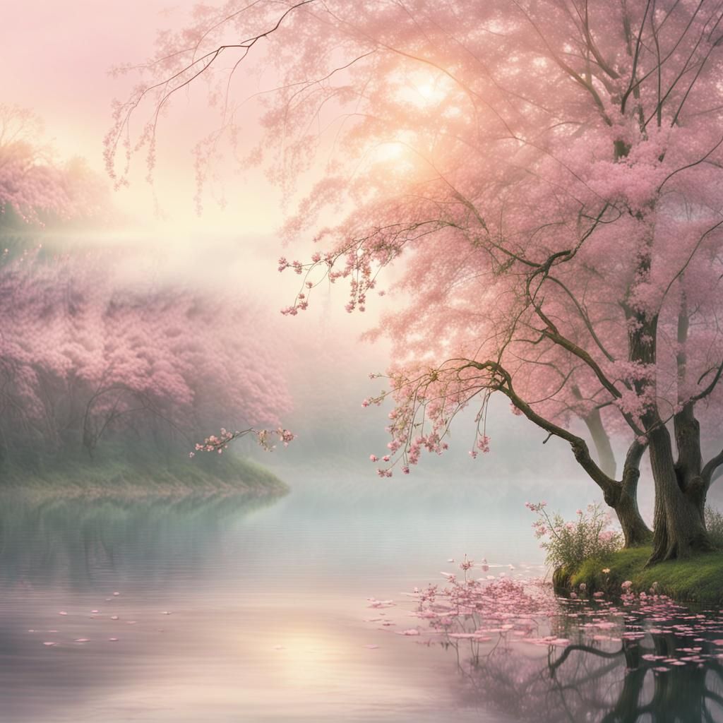 Dreamlike Blossom Trees by Lake in Impressionist Style