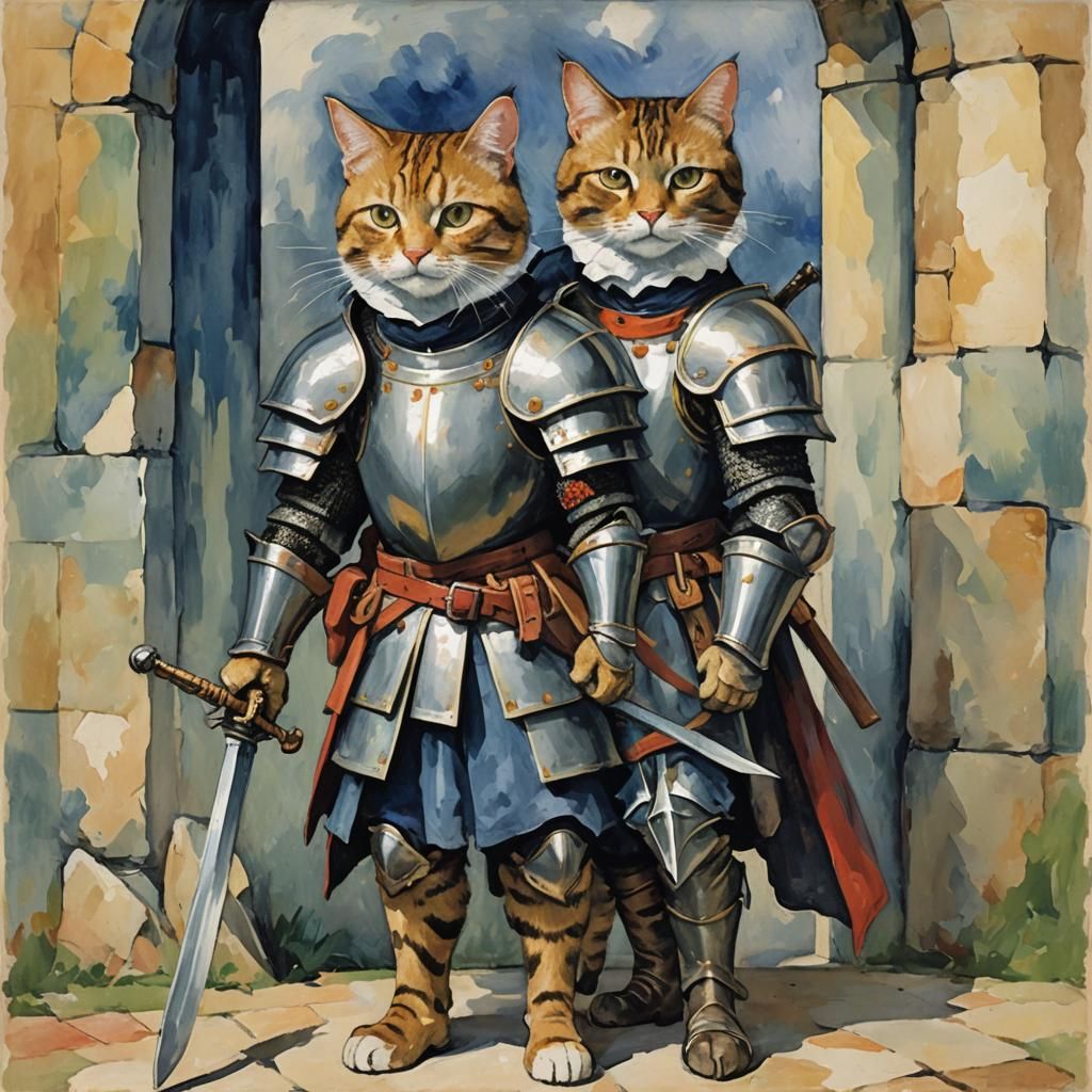 Cat as Brave Knight: Post-Impressionist Digital Art
