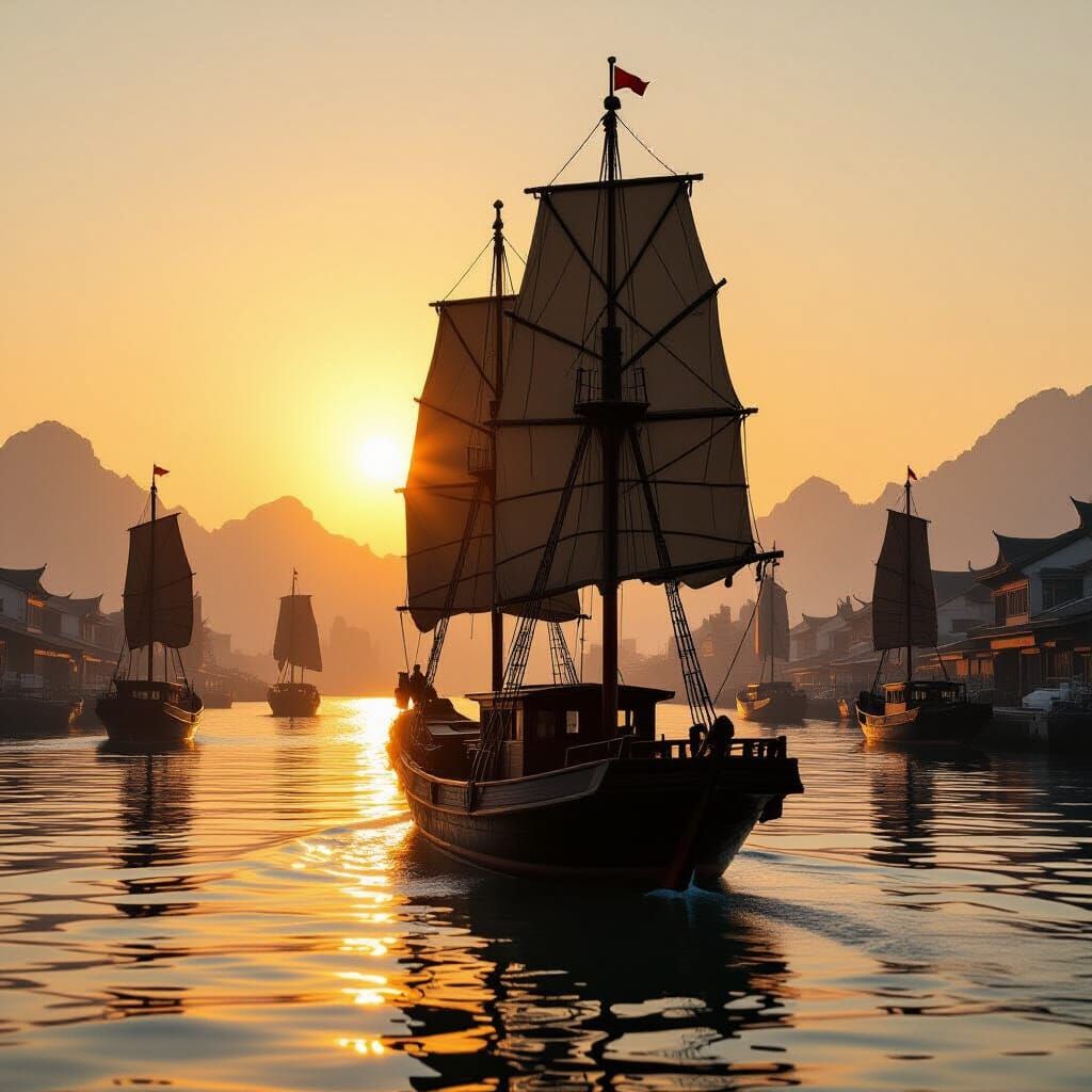 Chinese Junk Vessel in Harbor at Golden Hour