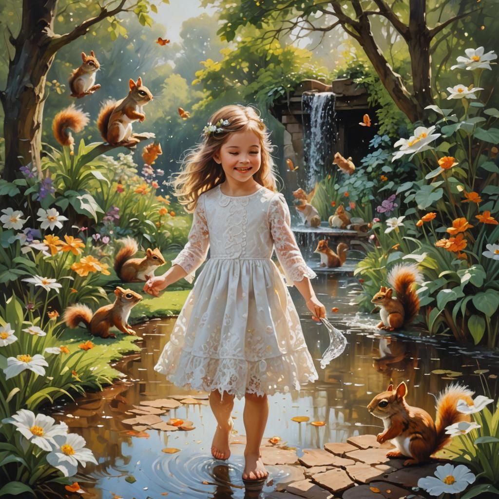 Girl in Garden with Squirrels, Oil Painting