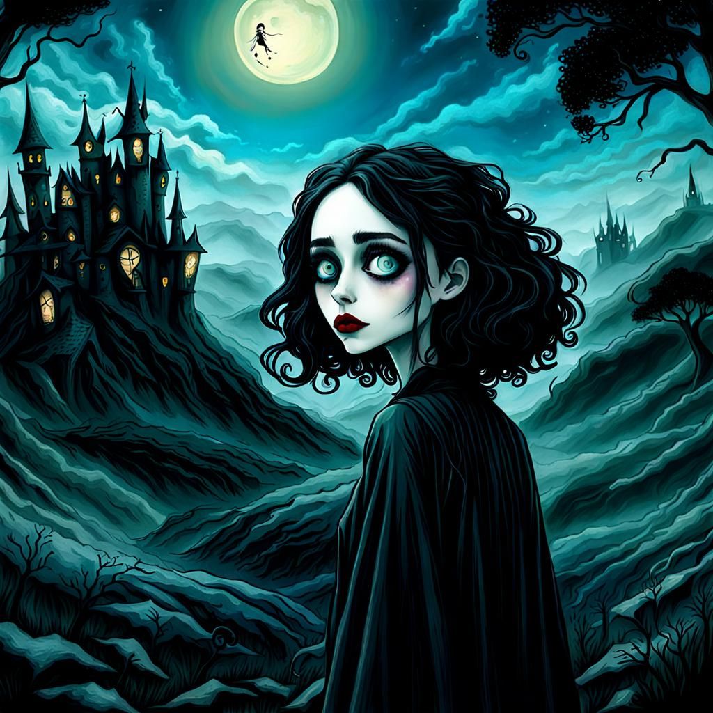 Tim Burton Style Girl Character and Background Scenery
