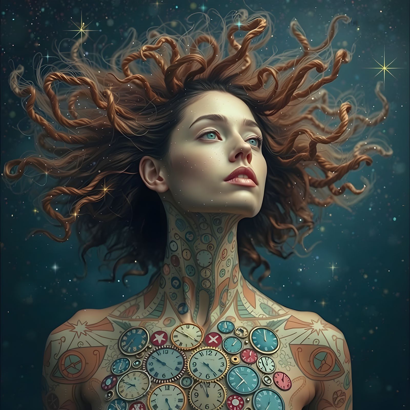 Surreal Woman Dissolving into Galaxy of Stars