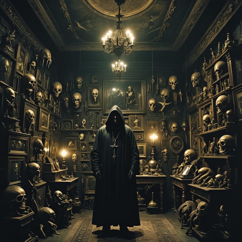 Macabre Hooded Figure in Dimly Lit Gothic Interior