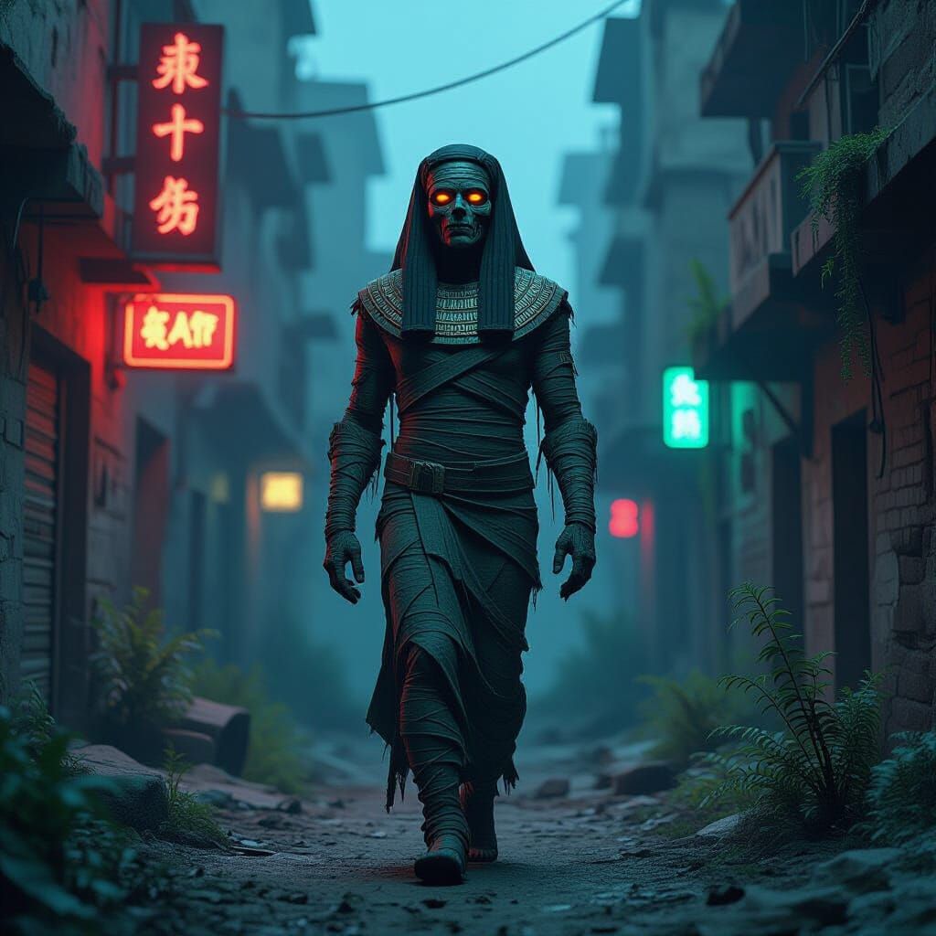 Cyberpunk Mummy Walks Neo-Noir Cityscape