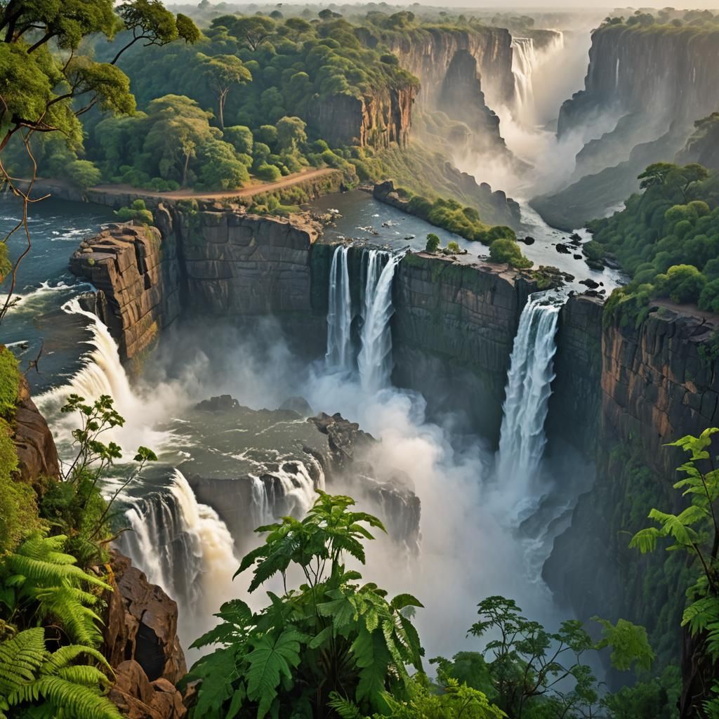 Mist-Shrouded Victoria Falls at Dusk