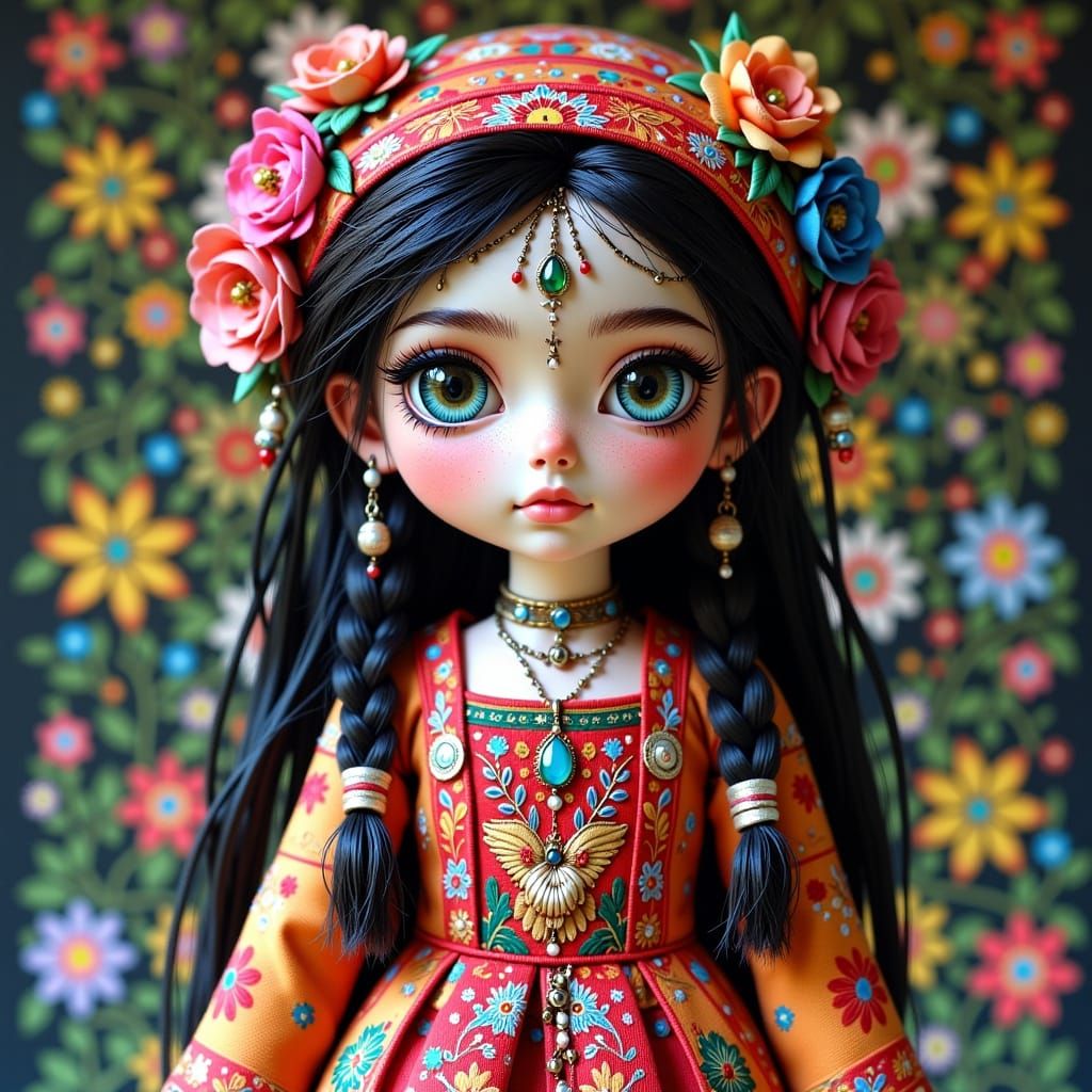 Folkloric Motanka Doll with Vibrant Embroidery and Gemstone ...
