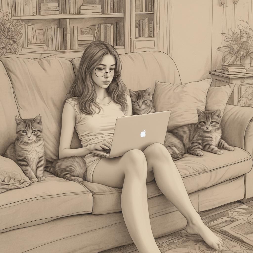 Detailed Illustration of Woman with Kittens