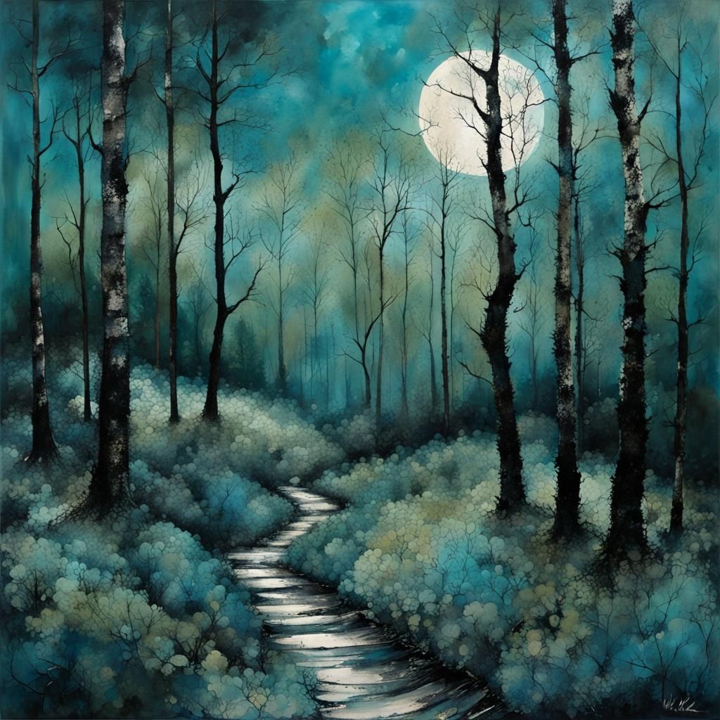 Blue Forest Moonscape in Art Brut Style