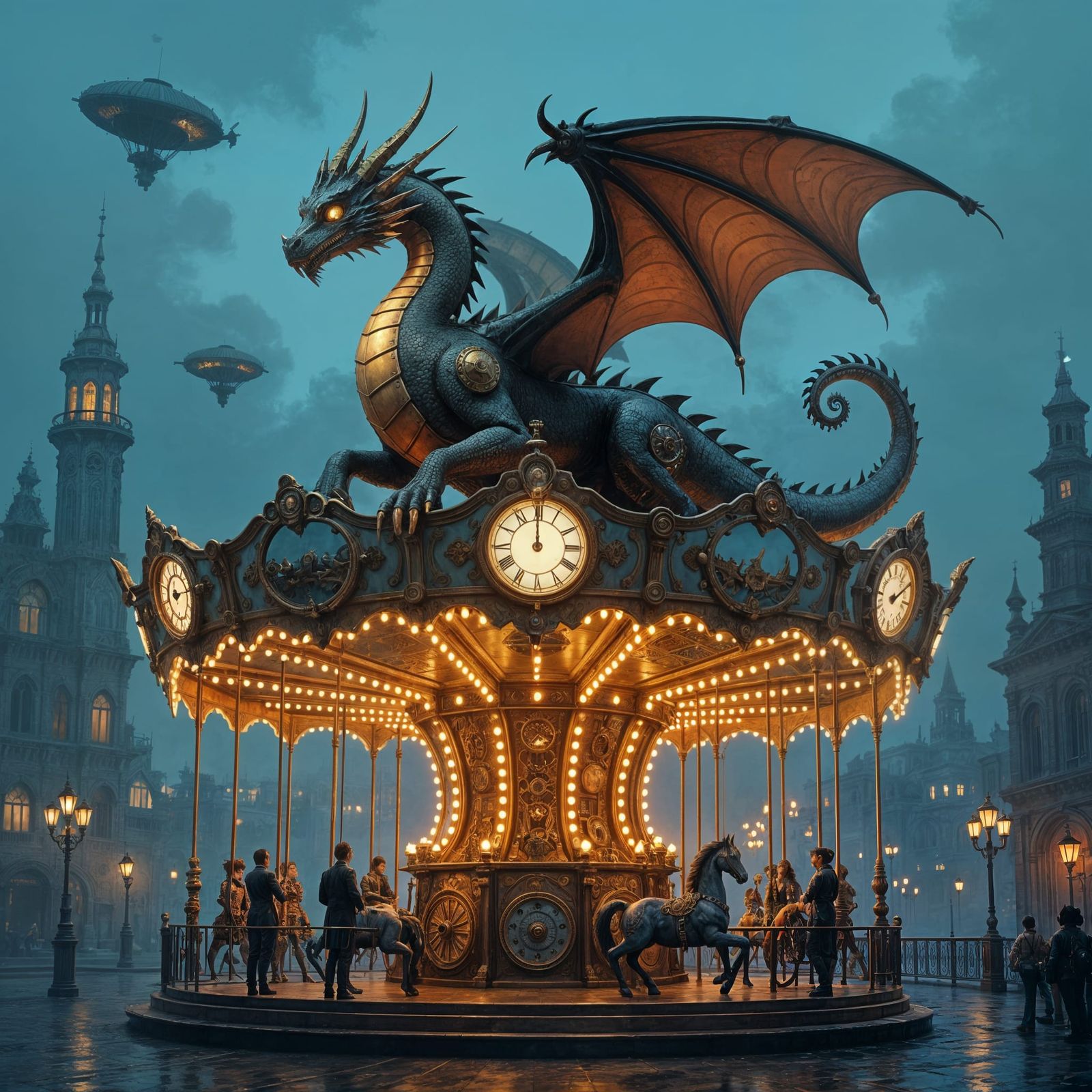 Steampunk Clockwork Dragon on Ornate Carousel