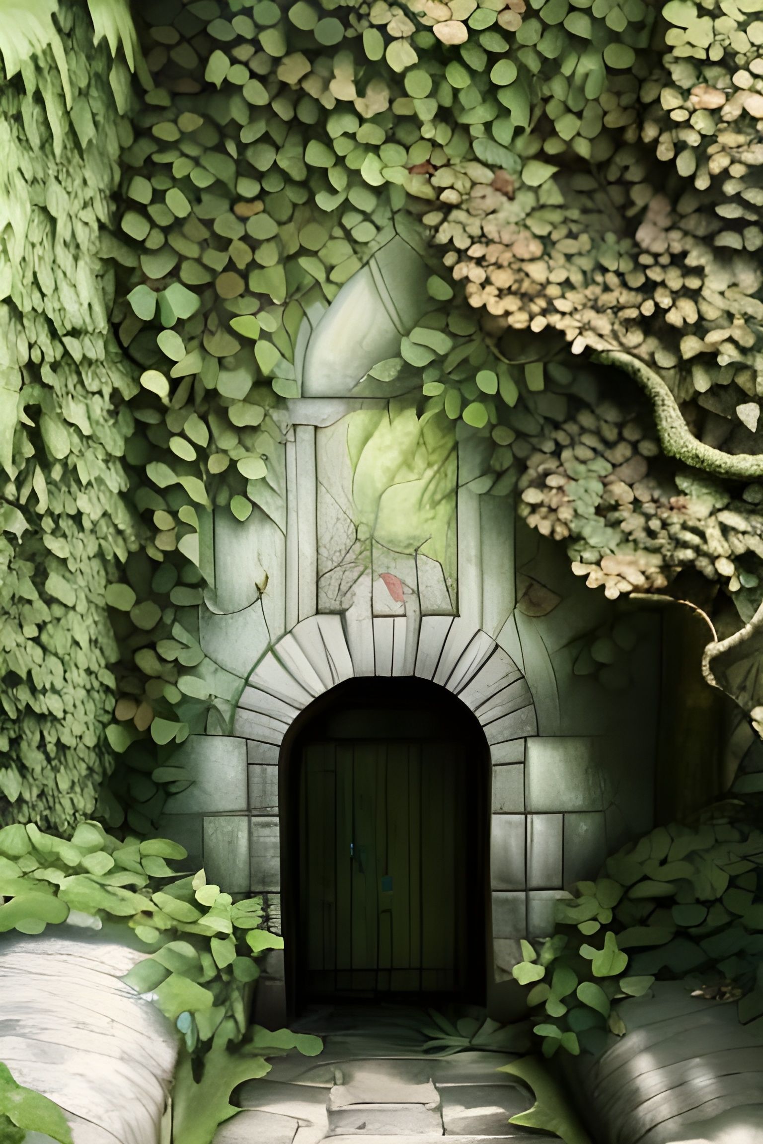 Hidden Doorway in Mossy Woodlands: Fantasy Concept Art