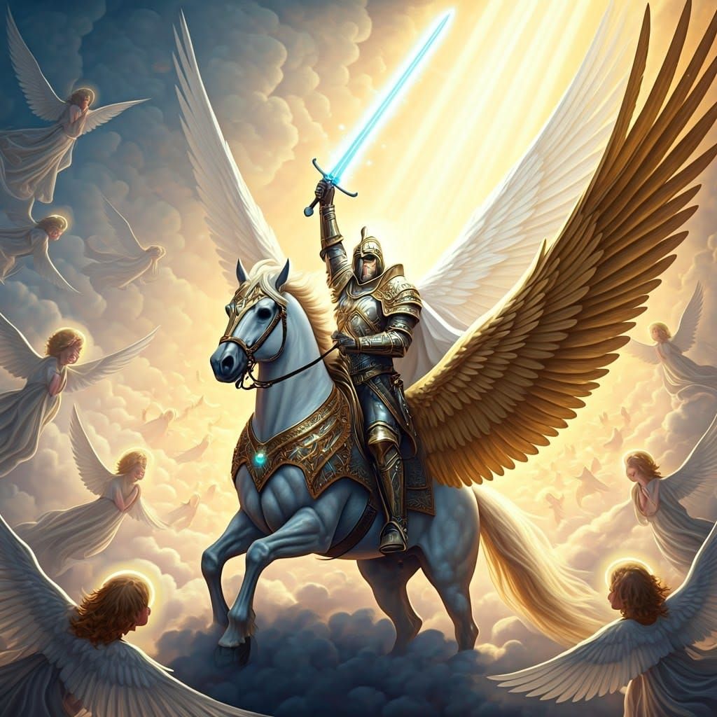 Angel Warrior Rides Through Heaven with Cherubic Angels