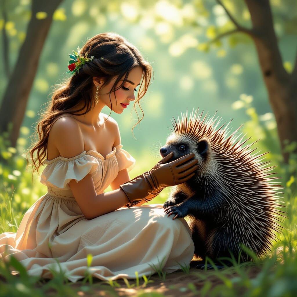 Girl Touches Porcupine in Whimsical Style