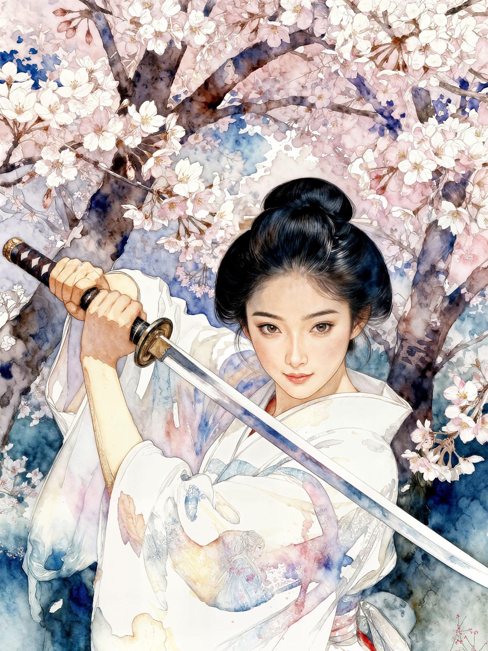 Lady Samurai in Dynamic Motion with Sakura Trees, Watercolor...