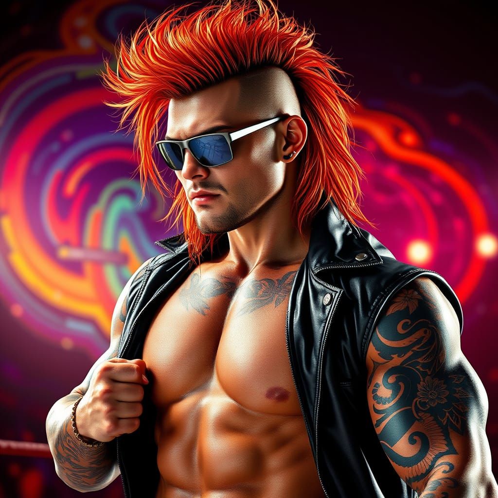 Hyperrealistic Wrestler with Fiery Red Hair and Intricate Ta...