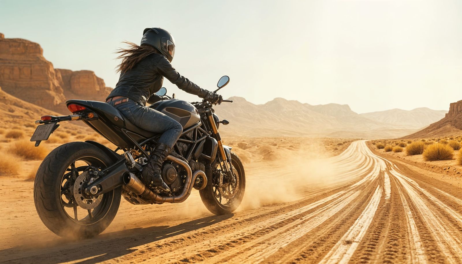 Biker Girl Rides Ducati Monster on Desert Highway