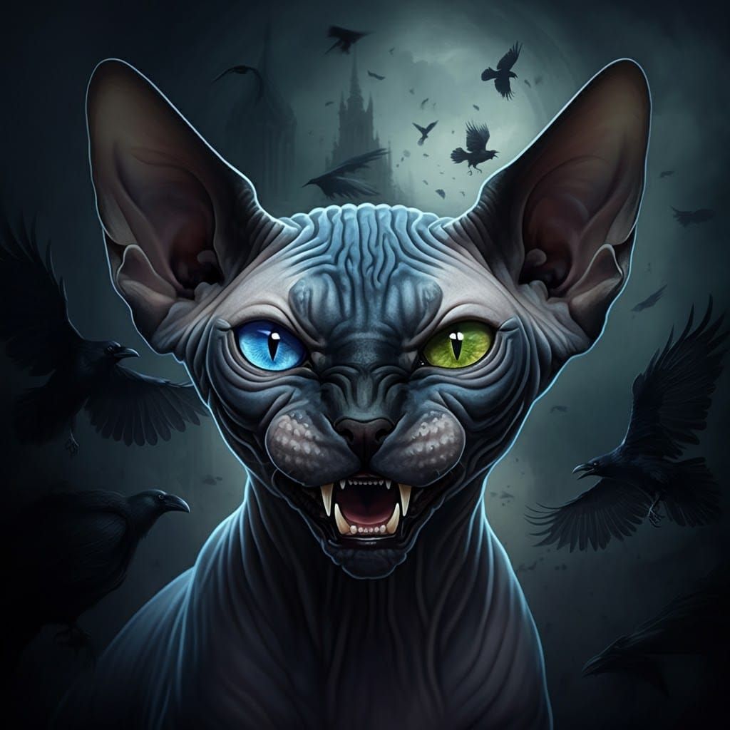Fierce Blue-Black Sphynx Cat with Ravens