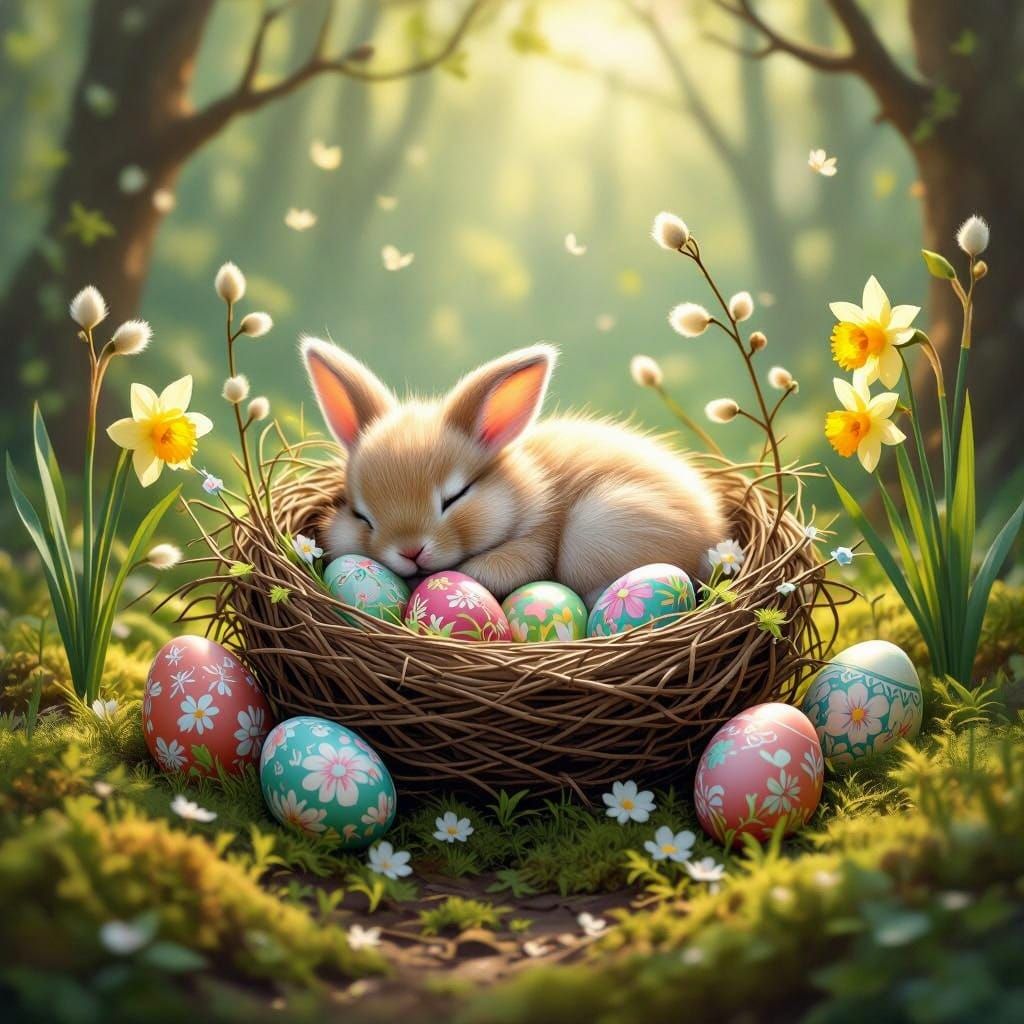 Ethereal Easter Wonderland with Fluffy Bunny in Bird's Nest