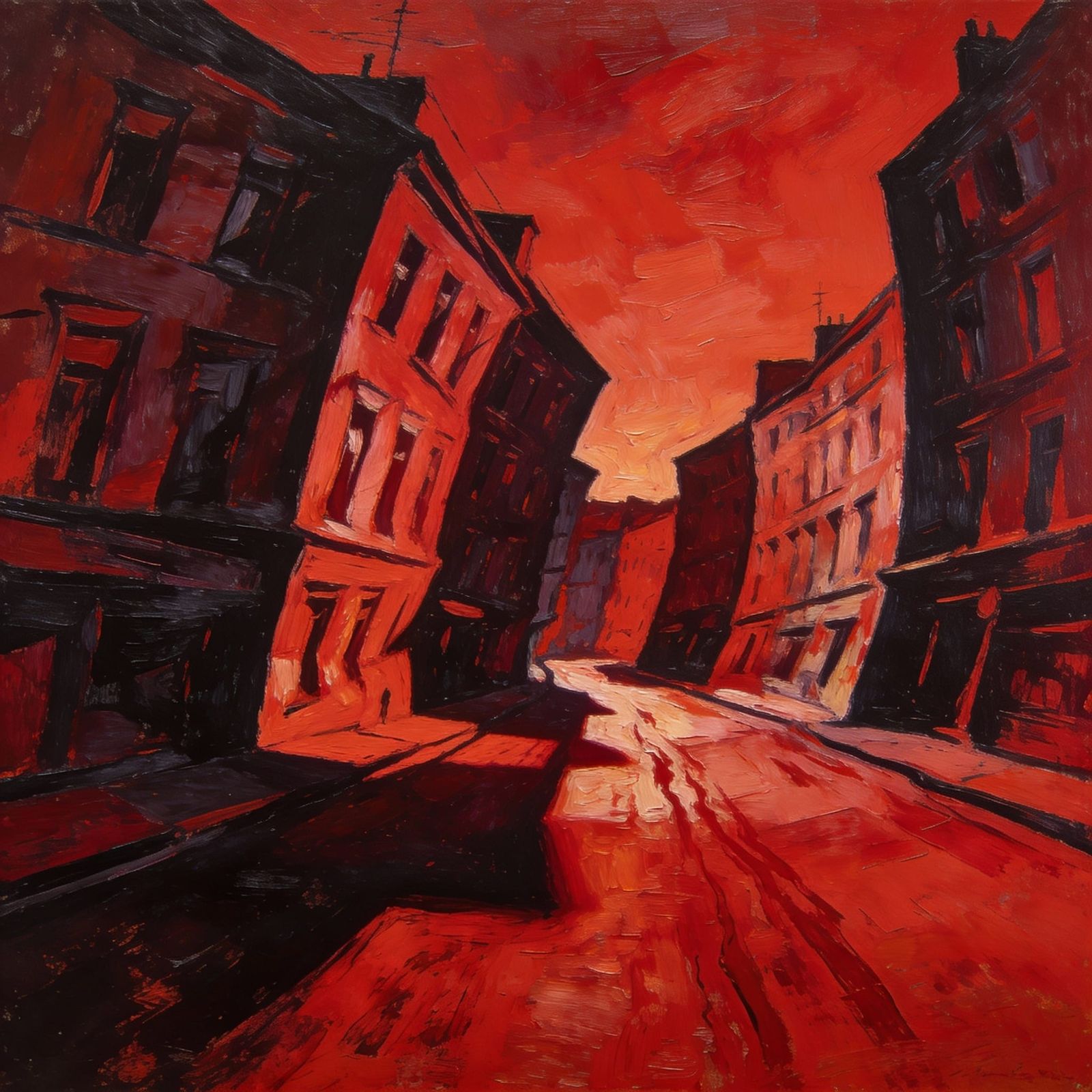 Expressionist City Street in Crimson Hues