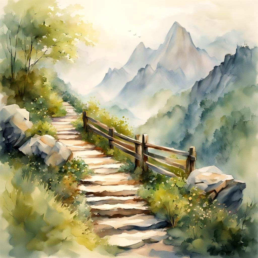 Serene Watercolor Mountain Landscape