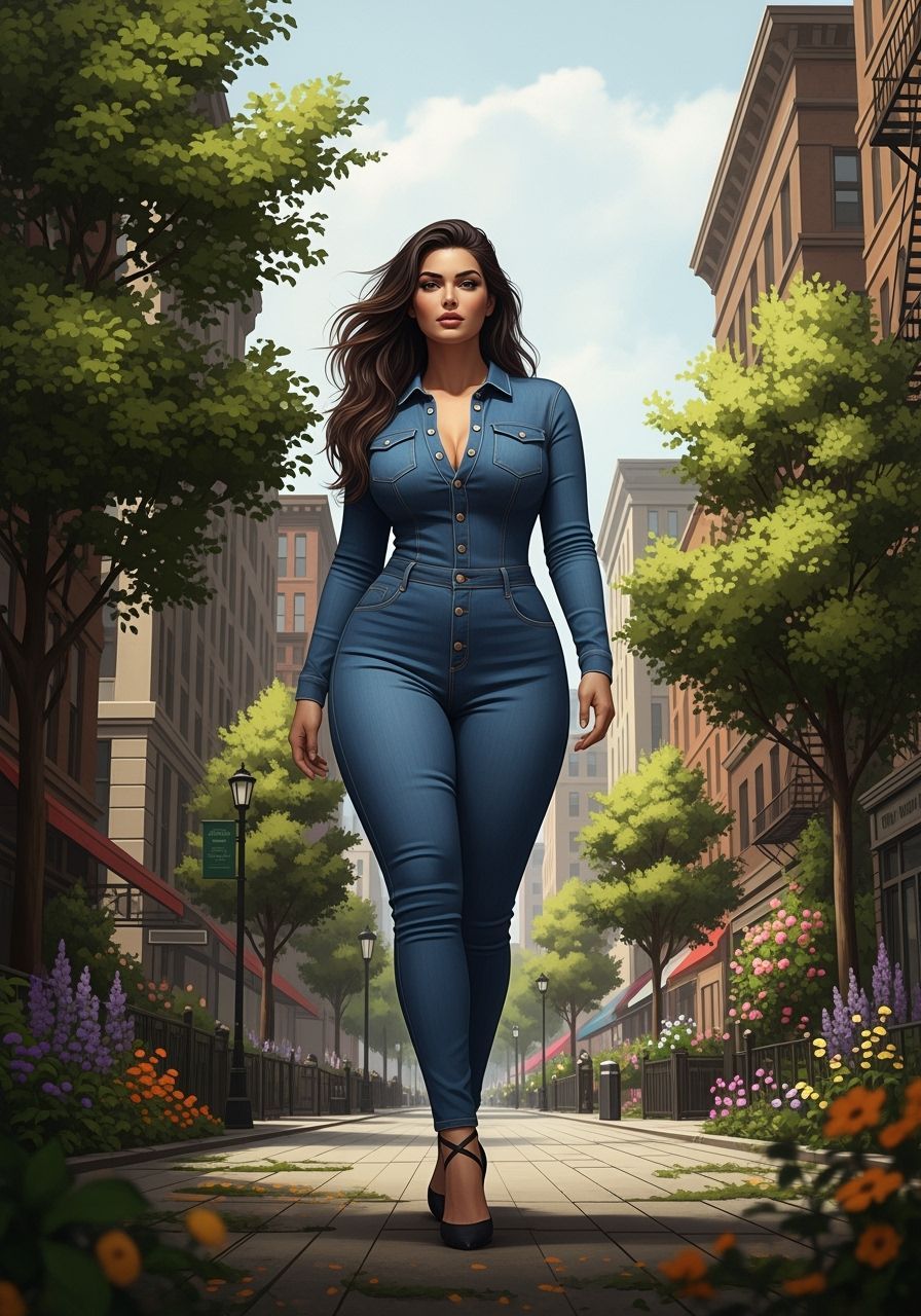Woman in Denim Jumpsuit on Lush City Street