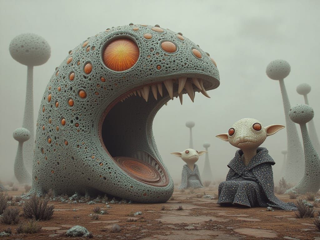 Golem Family on Alien Planet in Surrealist Style