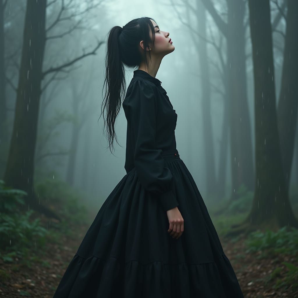 Woman in Coquette Dress in Foggy Woods