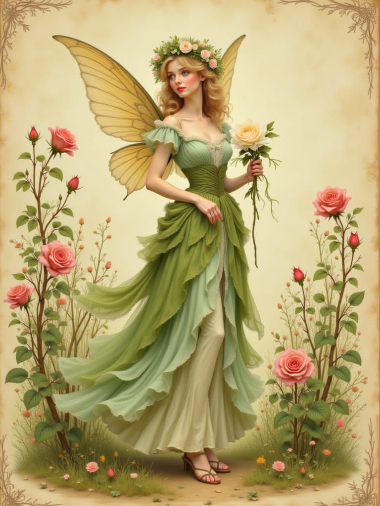 Vintage Fairy with Rose in Victorian Storybook Style