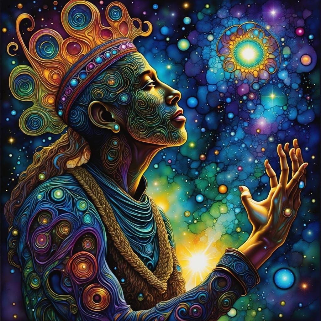 Maori Elder Silhouetted Against Cosmic Galaxy