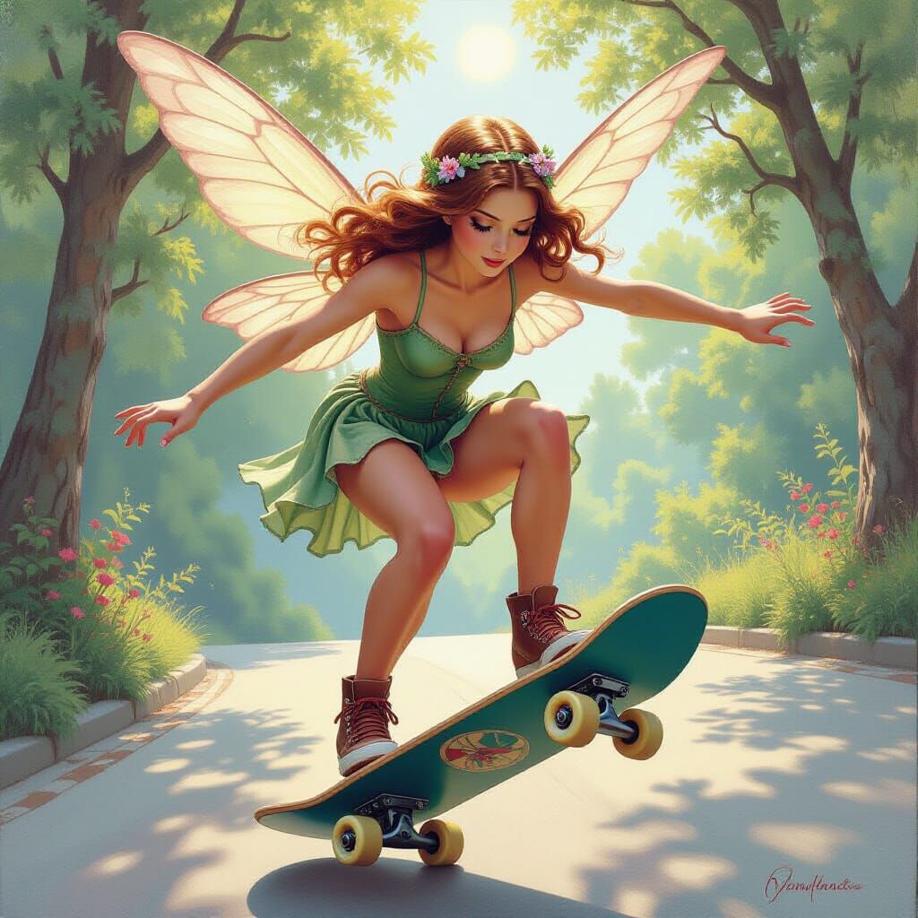 Fairy Skateboarding Wheelie: Fantasy Oil Painting