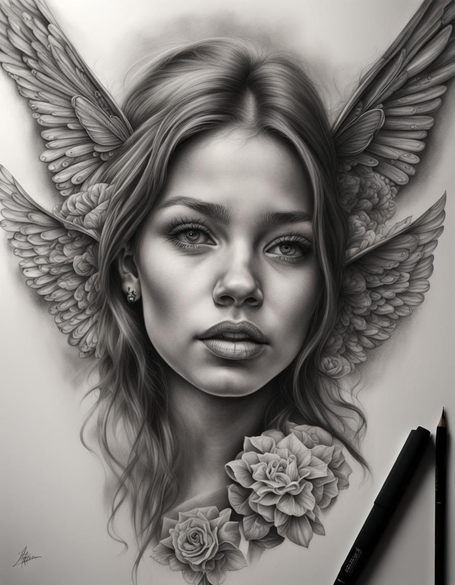 Detailed Fairy Tattoo Design in Black and White