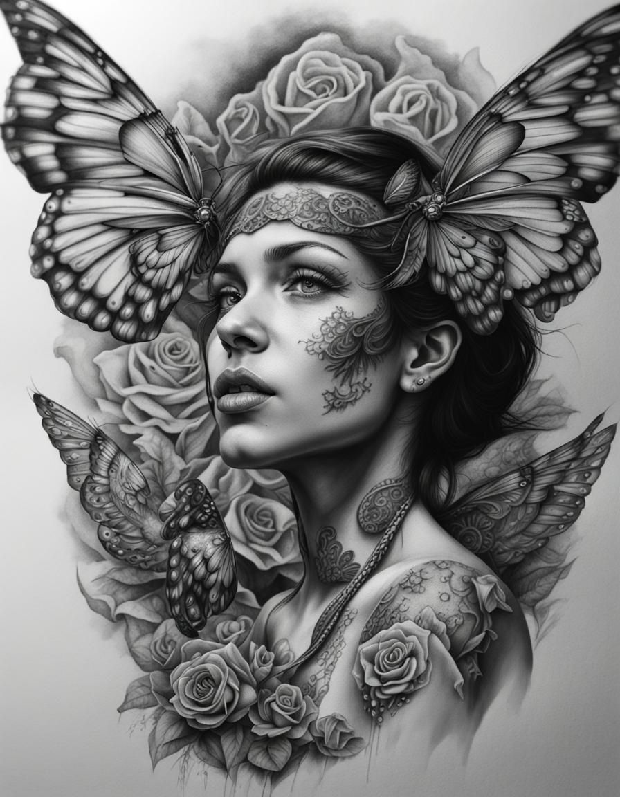 Detailed Fairy Tattoo Design in Black and White