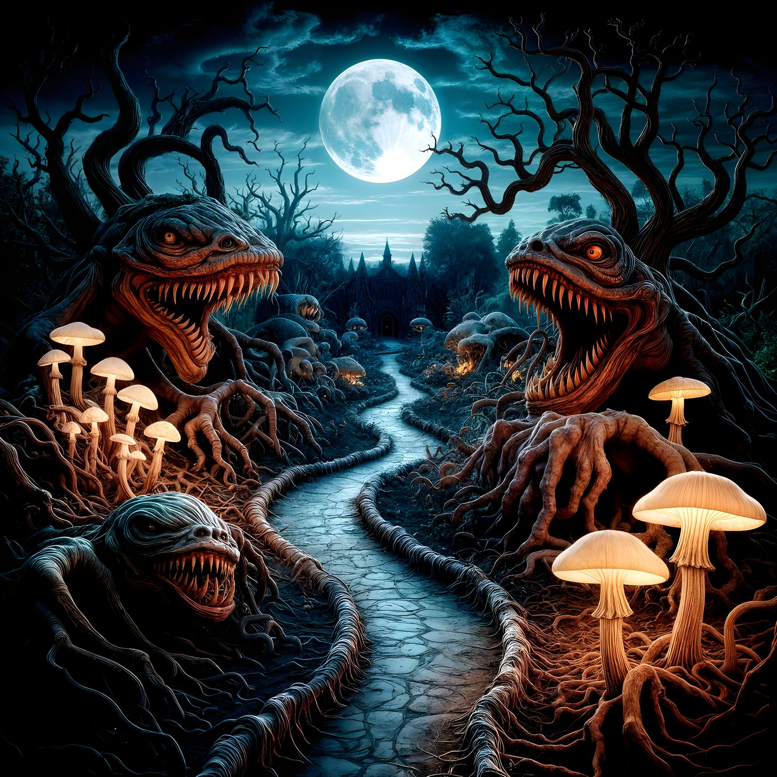 Eerie Mysterious Garden with Glowing Mushrooms and Twisted T...