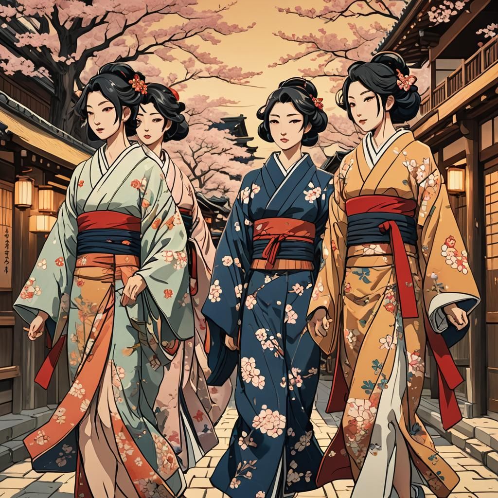 Anime Girls in Edo Street: Ukiyo-e Woodblock Print
