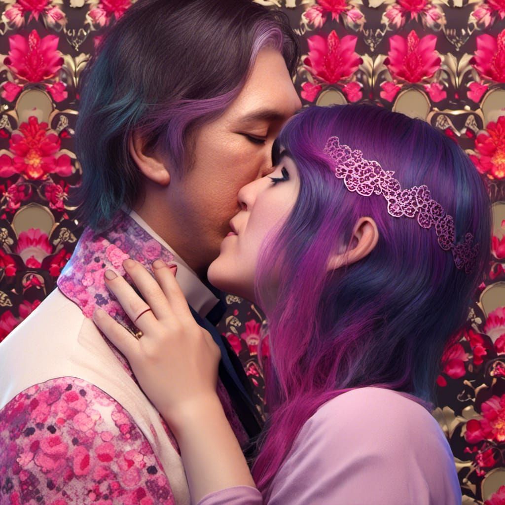 Passionate Kiss Portrait in Art Nouveau Style