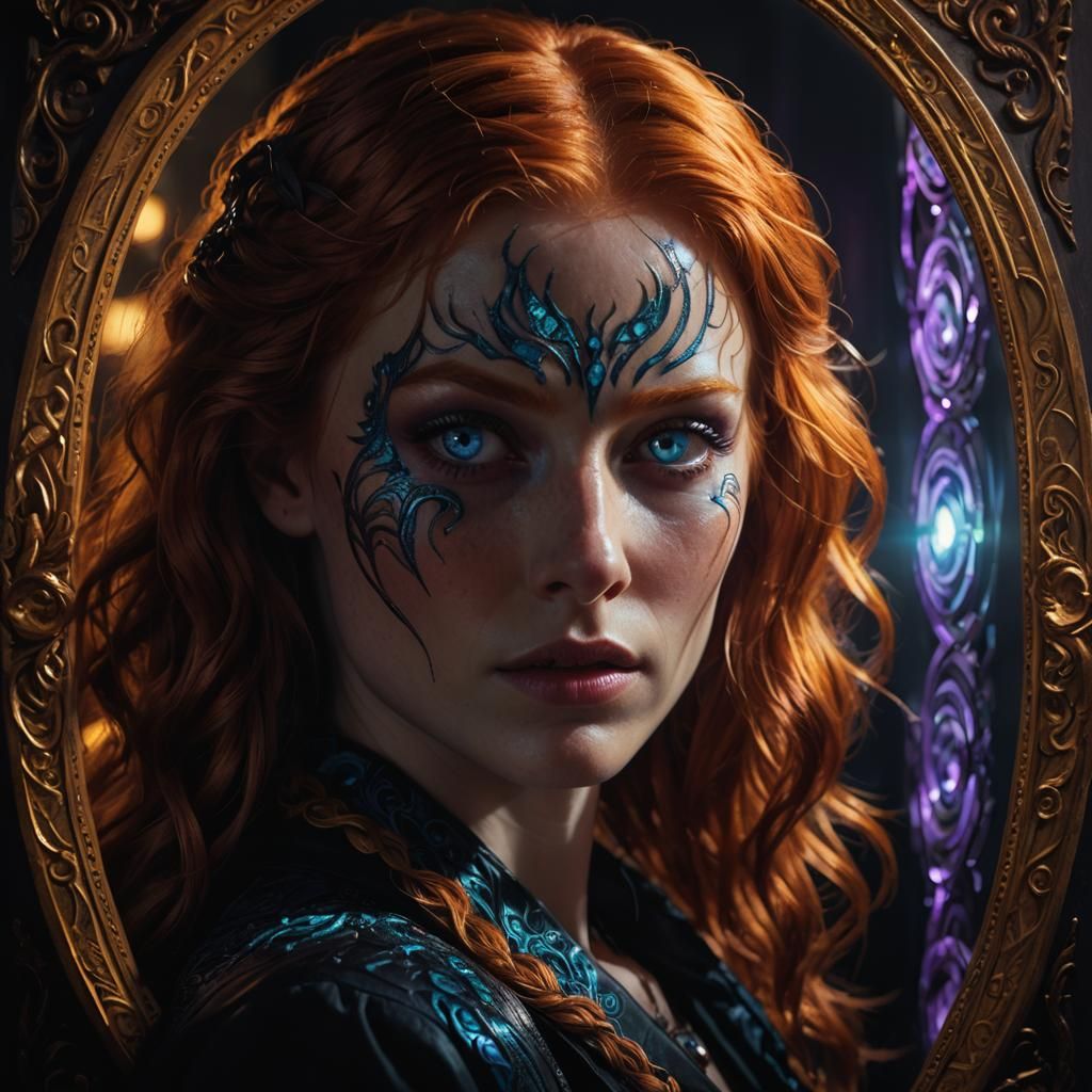 Ginger Woman's Dark Reflection: Hyperrealistic Fantasy Art