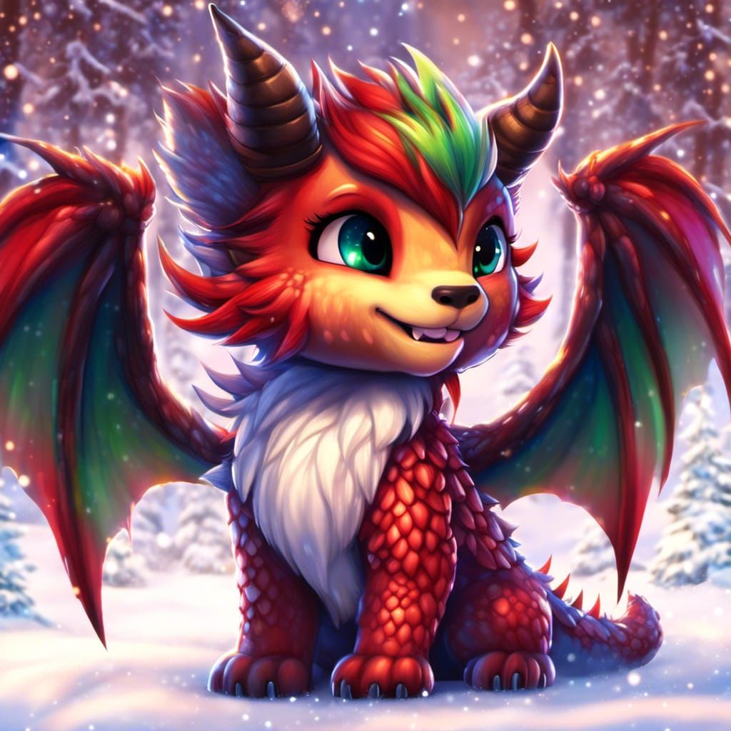 Cute Christmas Chibi Dragon with Open Wings