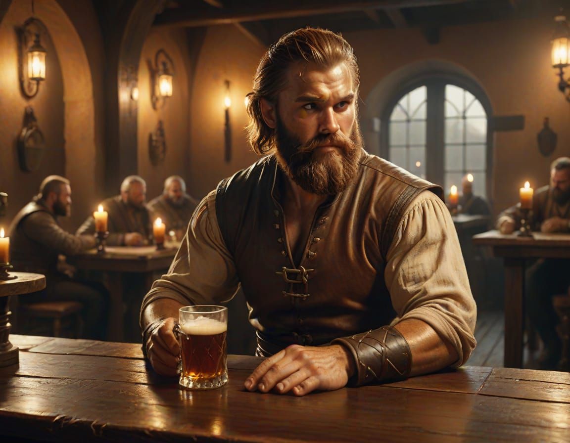 Bearded Warrior Reaching for Ale in Medieval Tavern