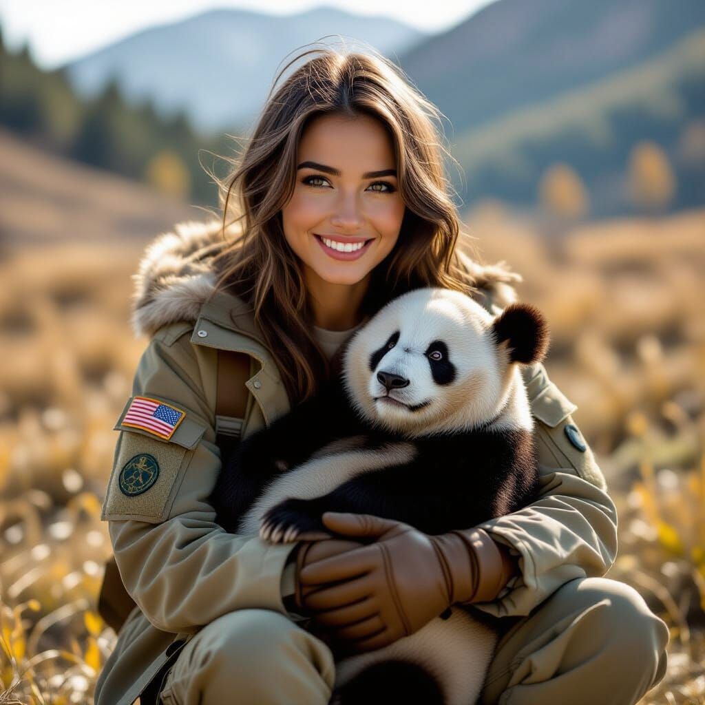Woman in Cargo Pants and Boots Plays with Panda