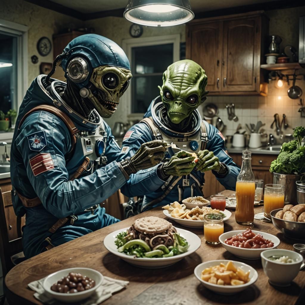 Astronaut and Alien Lunch in Bavarian Kitchen