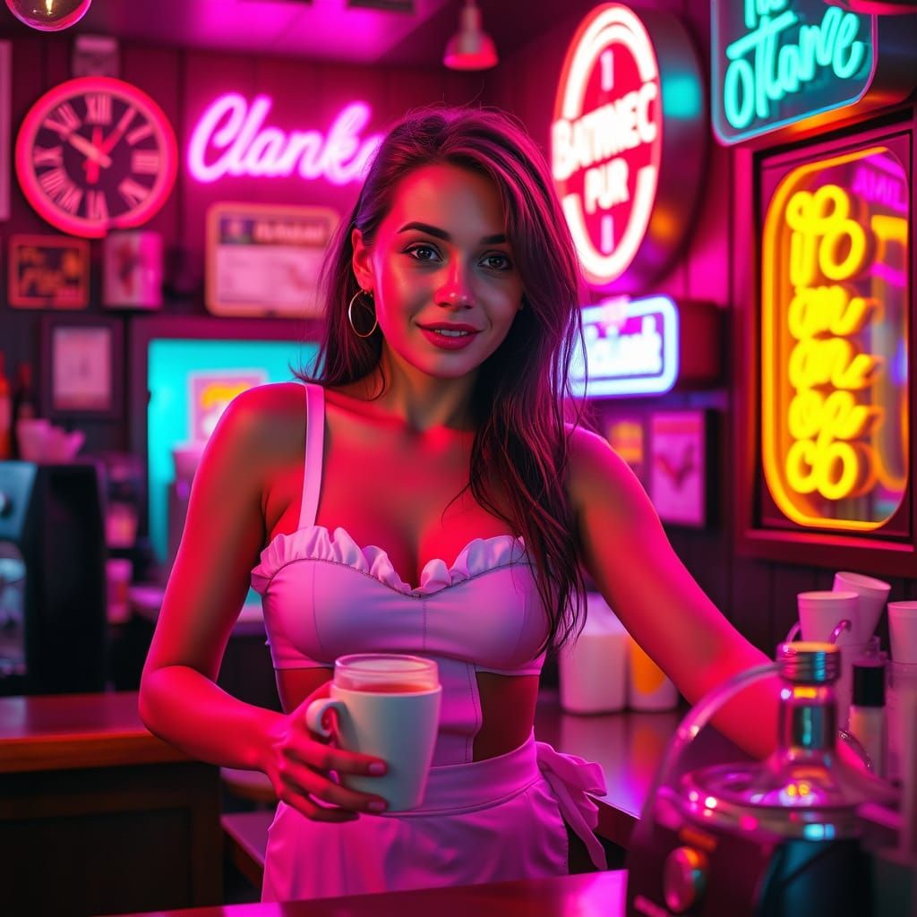 Synthwave Maid Serving Coffee in Neon Retro Pub