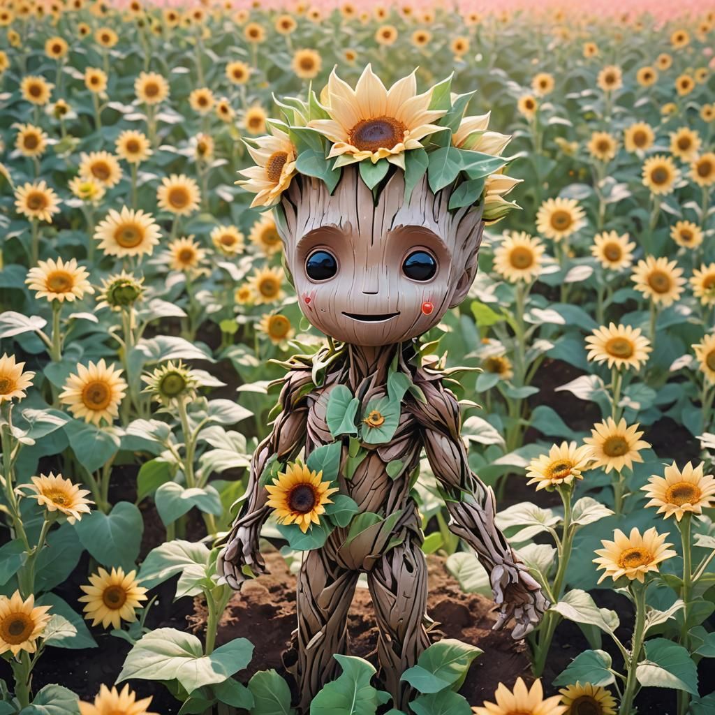 Groot with Sunflower in Kawaii Anime Style