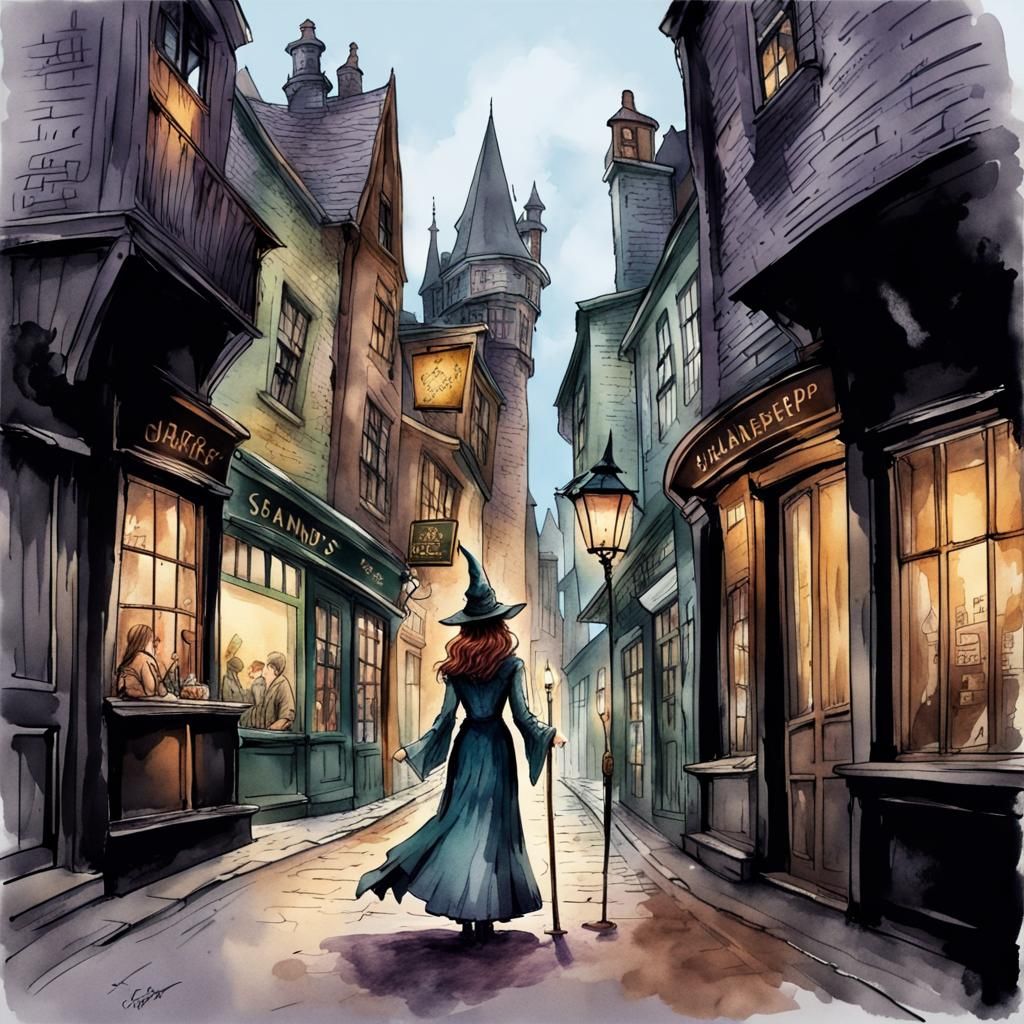 Elegant Sorceress in Diagon Alley: Watercolor Concept Art