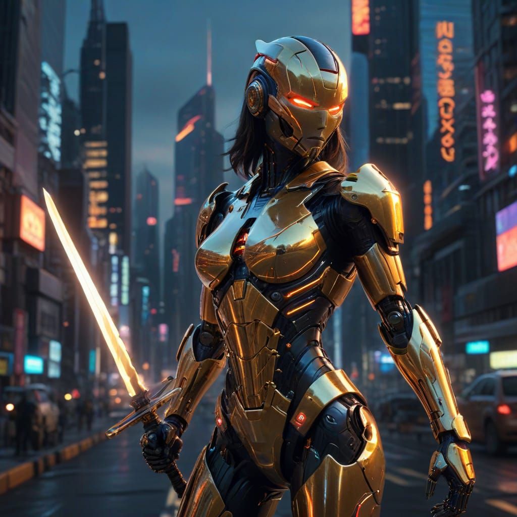 Golden Android Warrior in Futuristic Cityscape